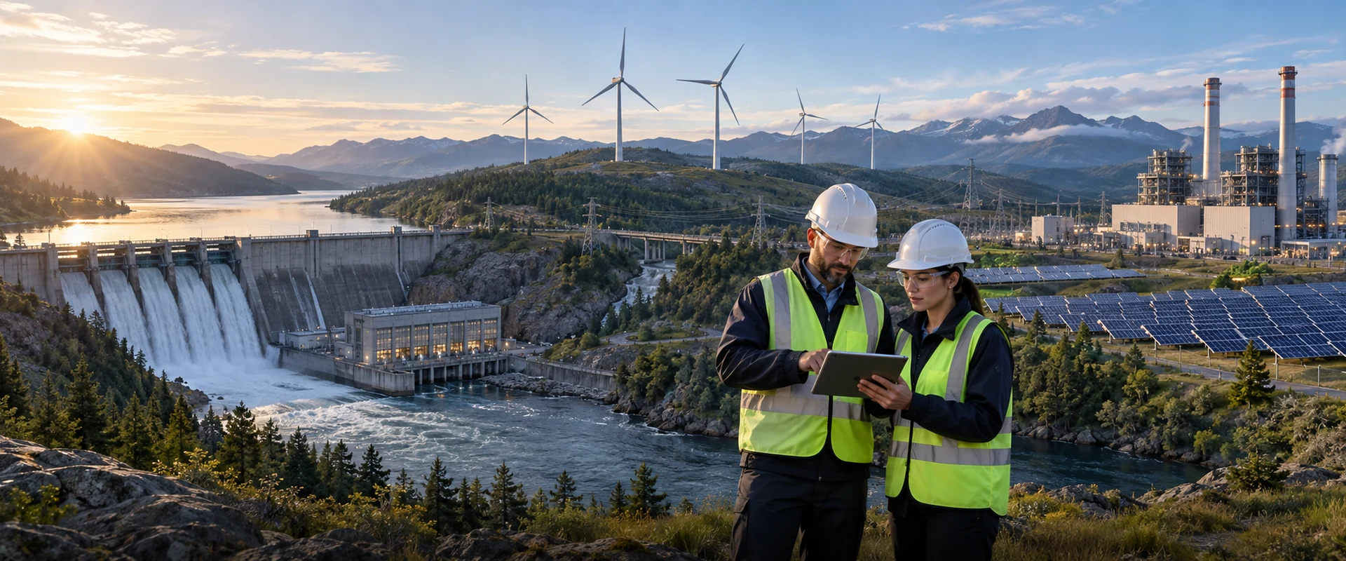 Power plant engineers monitoring connected hydroelectric, wind, solar and thermal generation facilities
